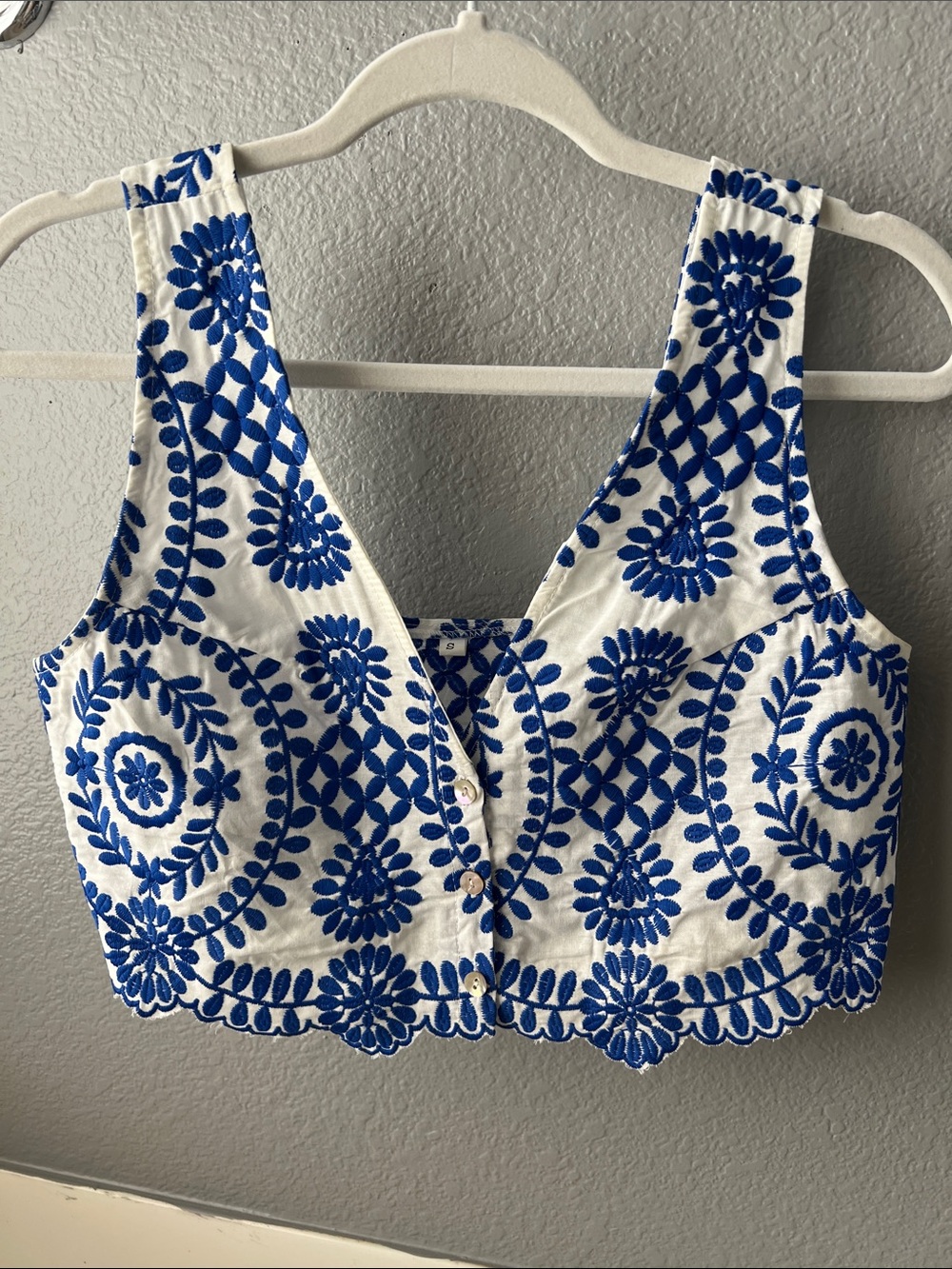 White Crop Tank Top Vest with Blue Embroidered Medallions